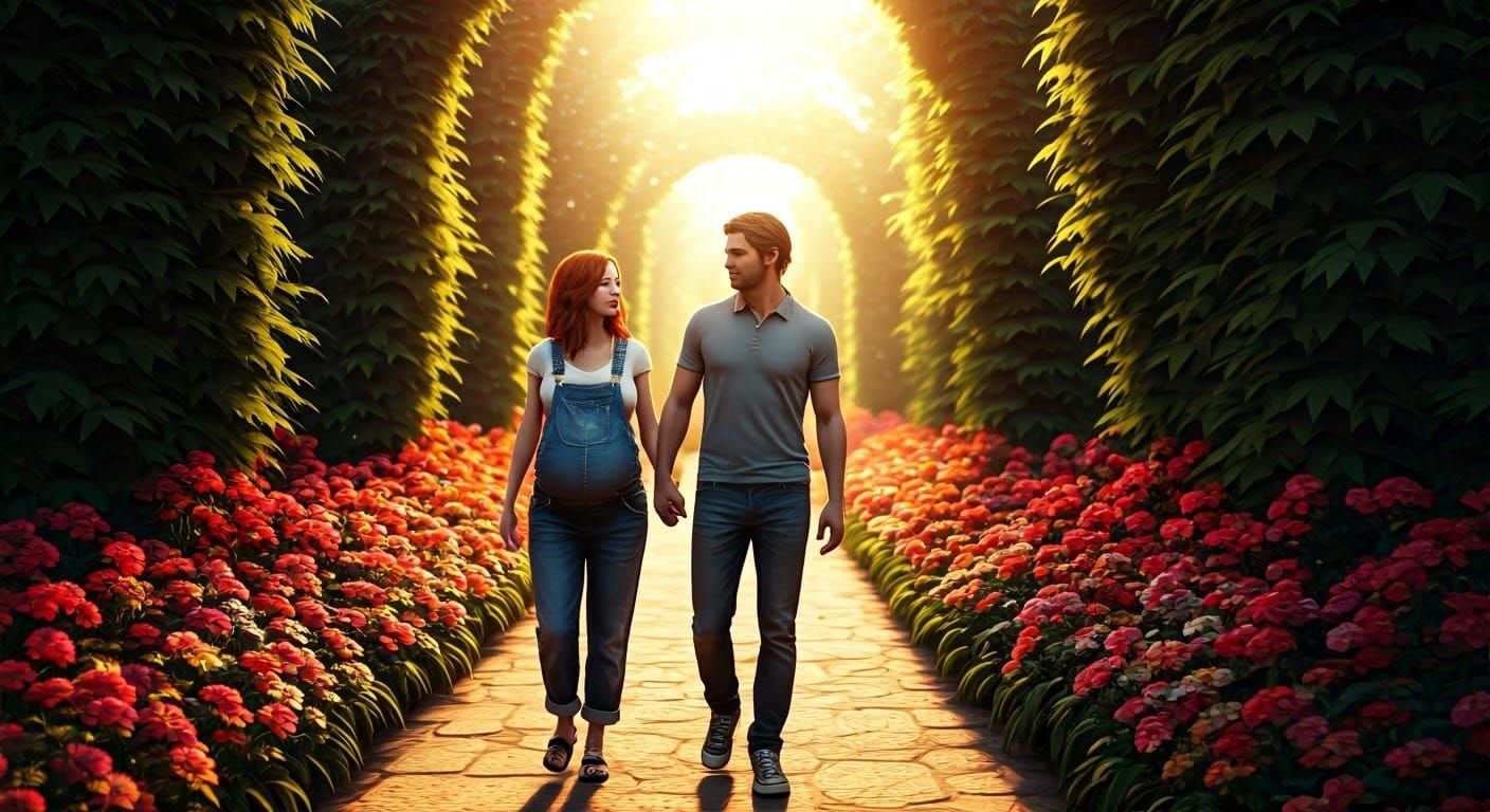 Happy Couple Strolling Through a Vibrant Garden