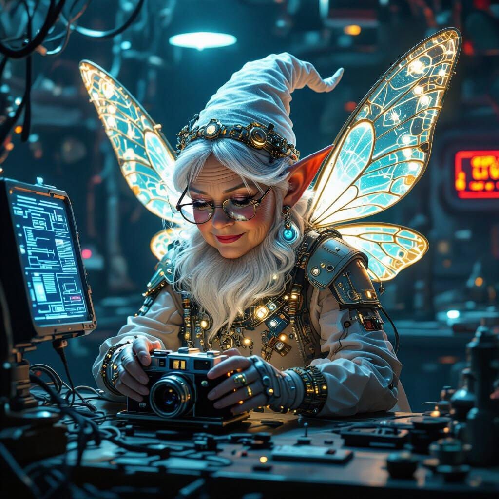 Cyberpunk Gnome Showgirl with Bioluminescent Wings