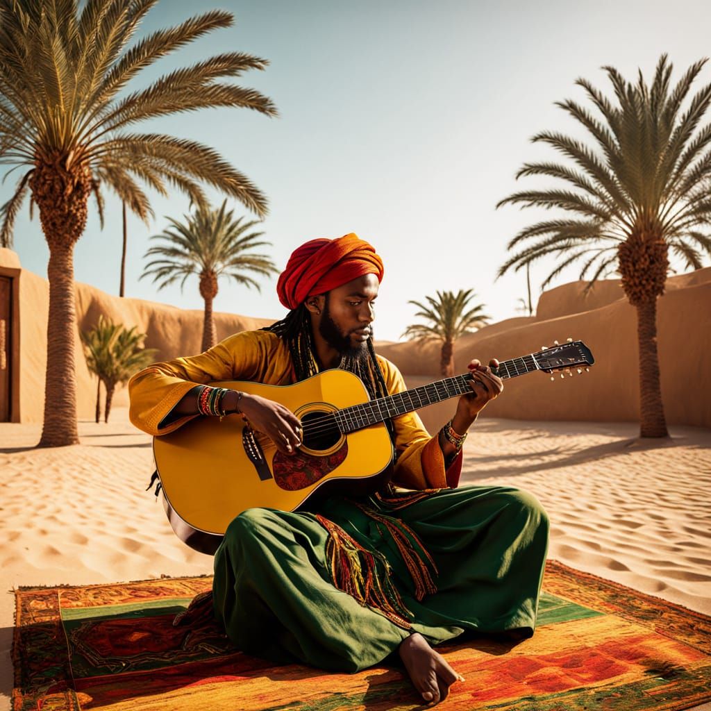 Surreal Desert Oasis in Hyperrealistic Reggae Style