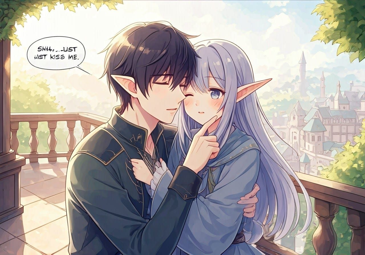 Ethereal Anime Elf's Tender Embrace on Rooftop