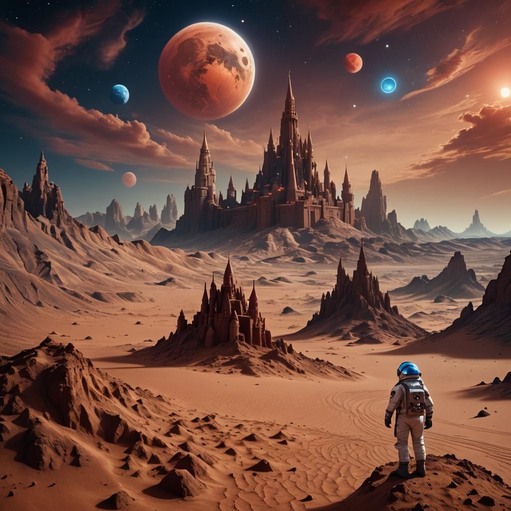 Martian Sandcastle Under Double Moons: Matte Painting