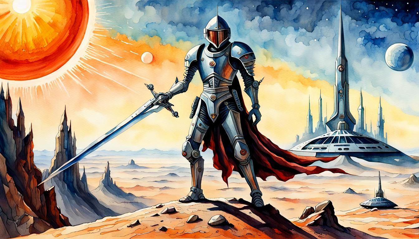 Sci-Fi Medieval Knight on Alien Planet Watercolor