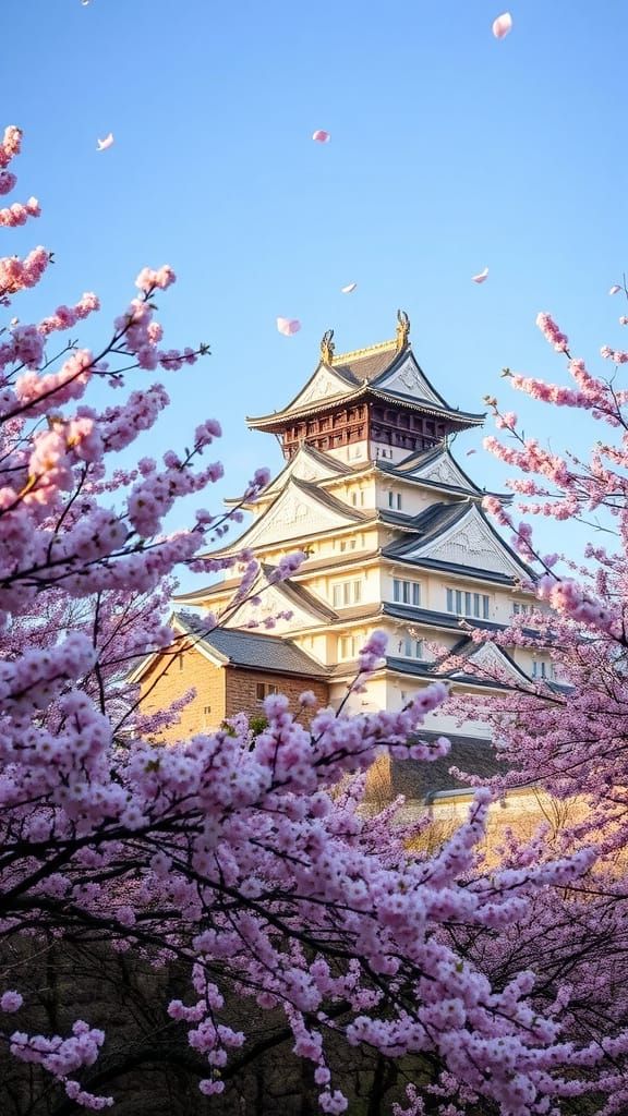 Ancient Japanese Castle Amidst Cherry Blossom Paradise