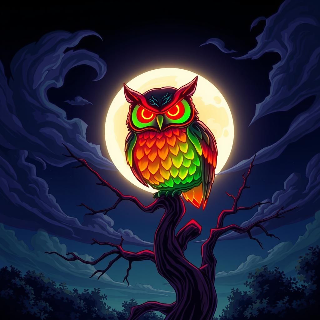 Anime Owl in Neon Night Sky