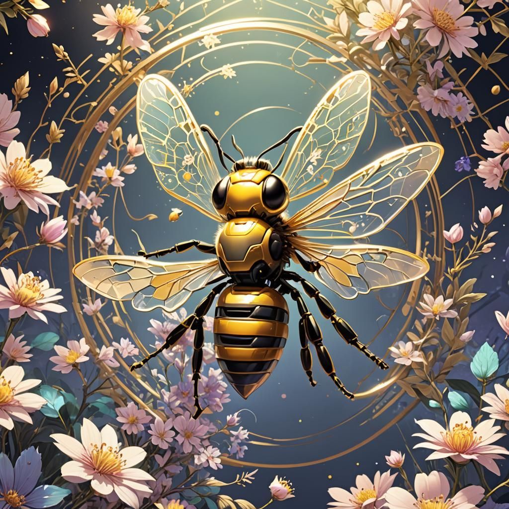 Anime-Inspired Metallic Bee in Flight Illustration