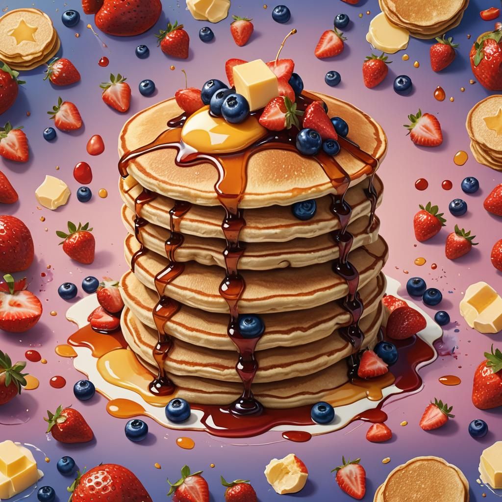 A whimsical sticker design of a stack of pancakes topped with syrup and a pat of butter, featuring a happy face and surr...