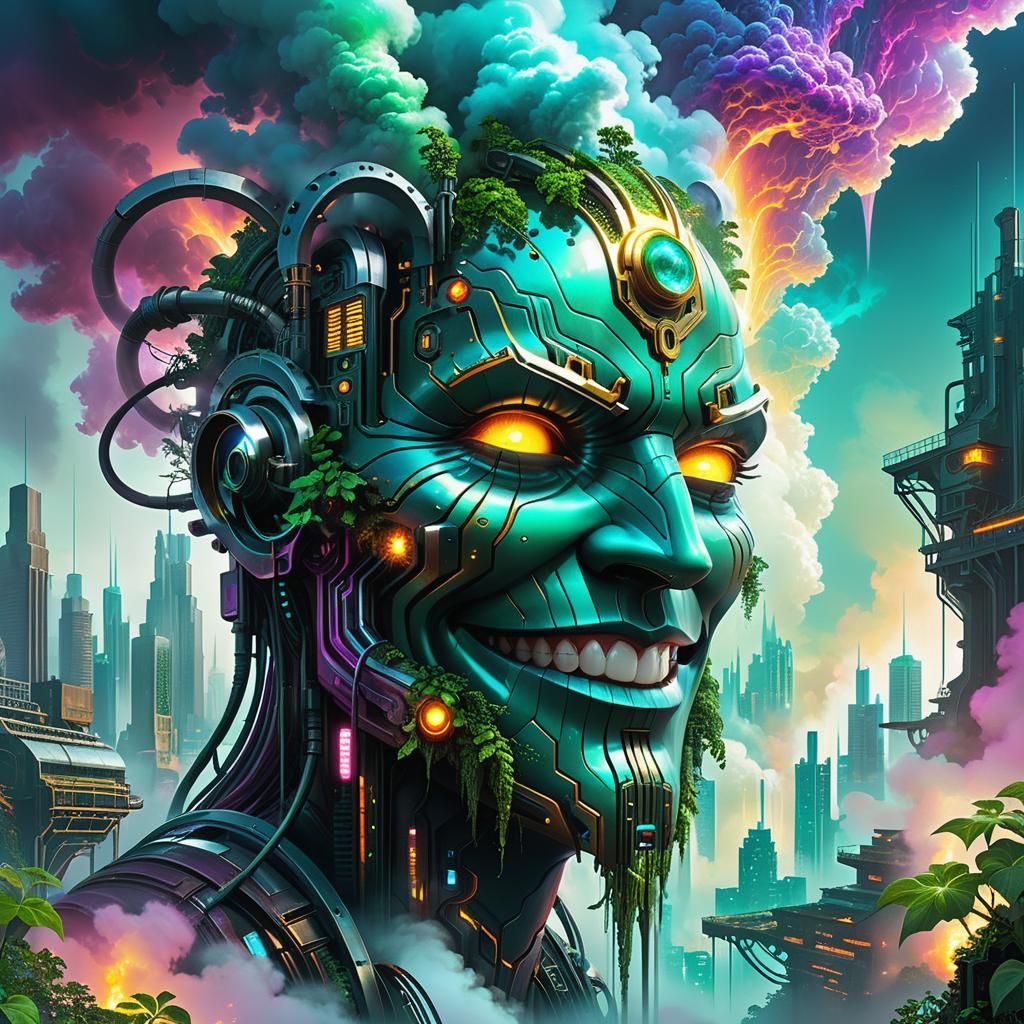 Cyberpunk Giant Face Over Industrial Cityscape
