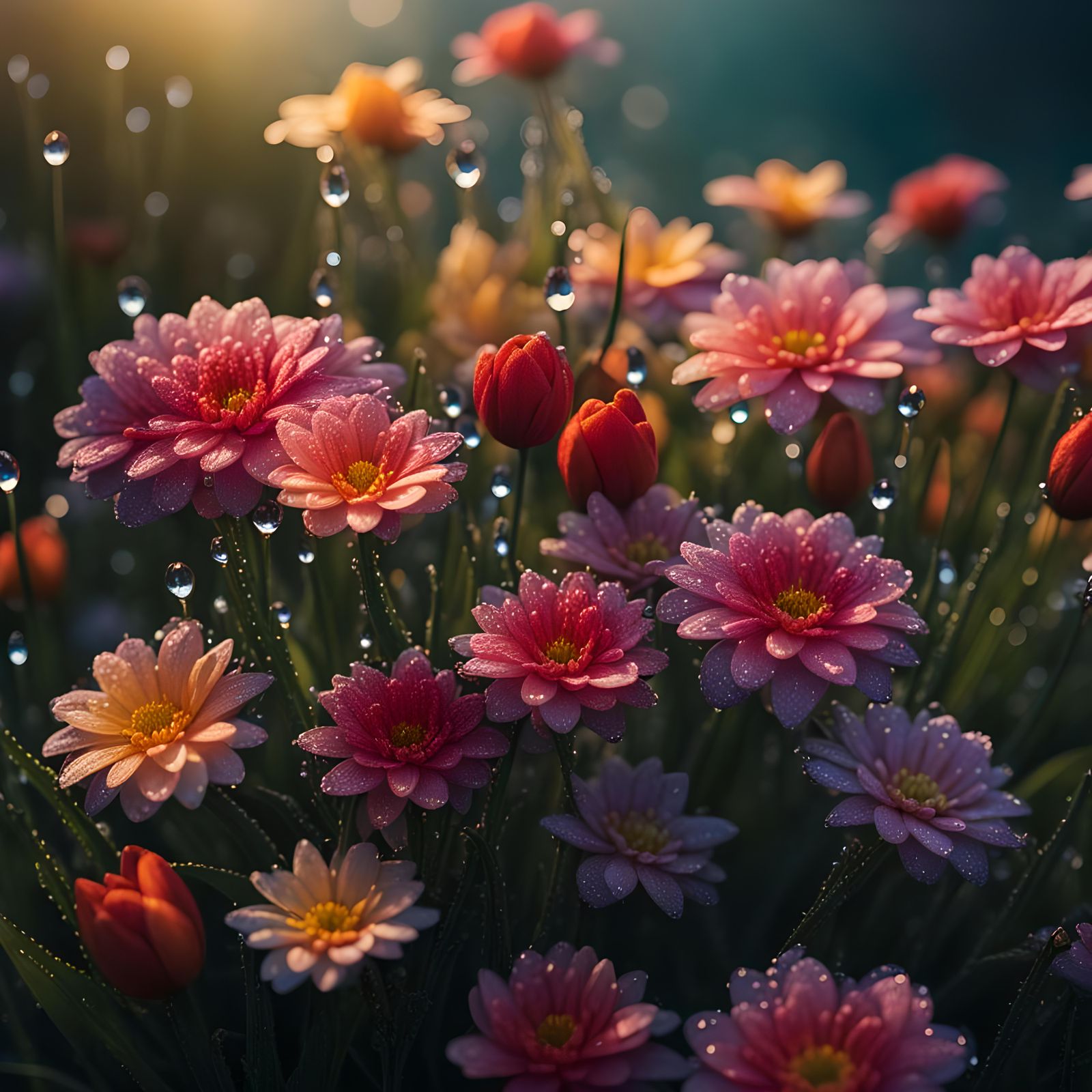 Dew Drops on Spring Flowers in Early Light