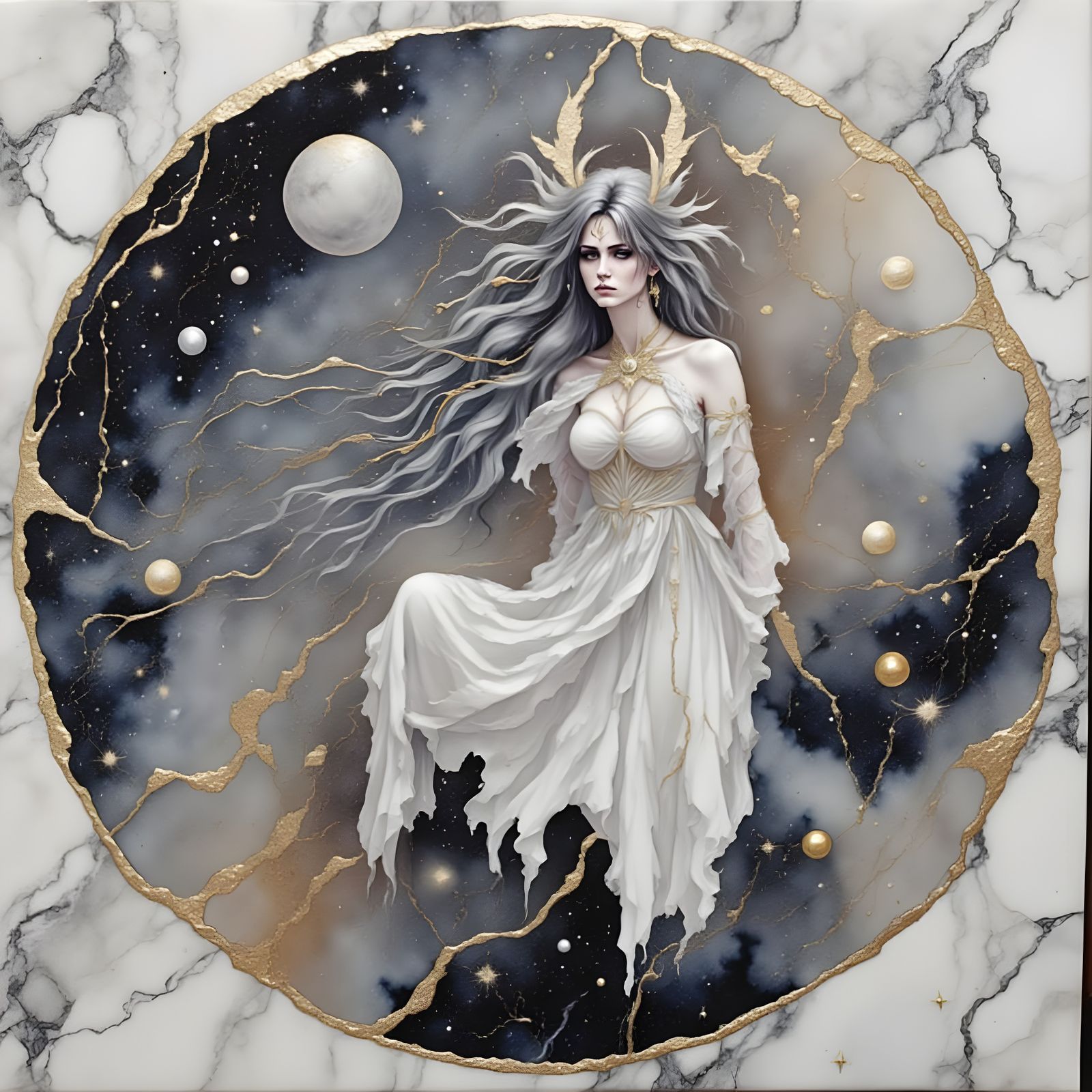 Majestic Space Being on Marble in Watercolor Style