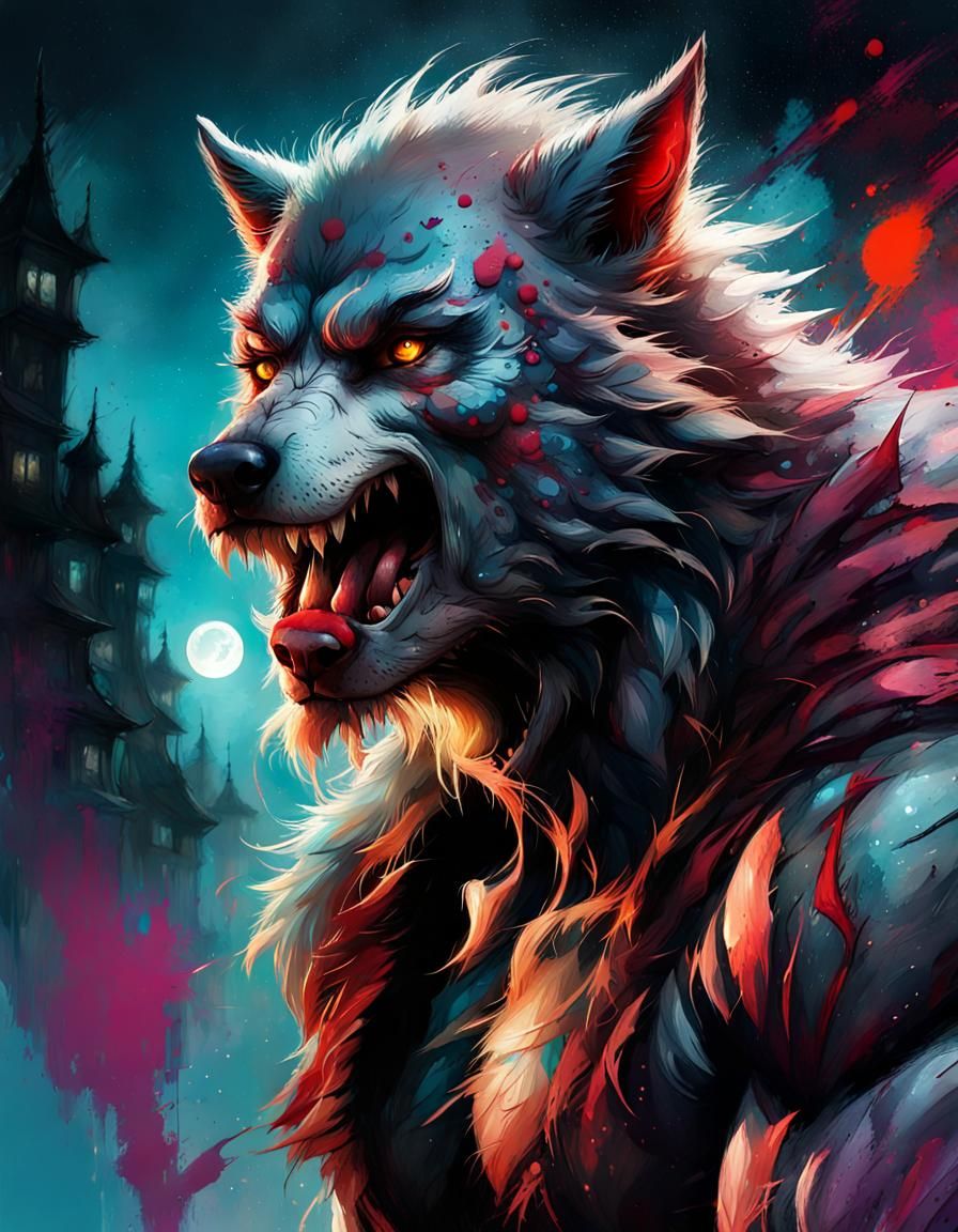 Whimsical Werewolf Close-Up in Vibrant Moonlight