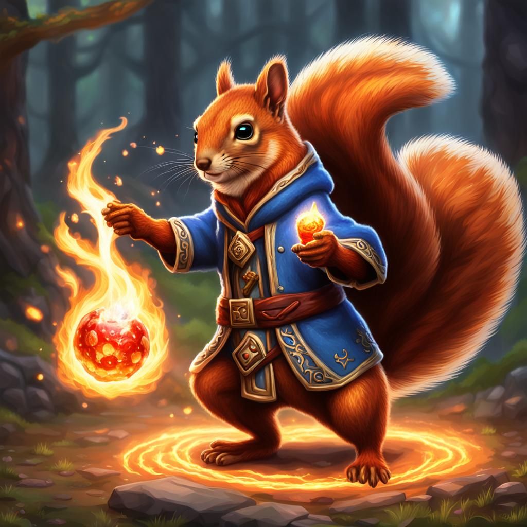 Squirrel Mage Casting Fireball: Fantasy Art