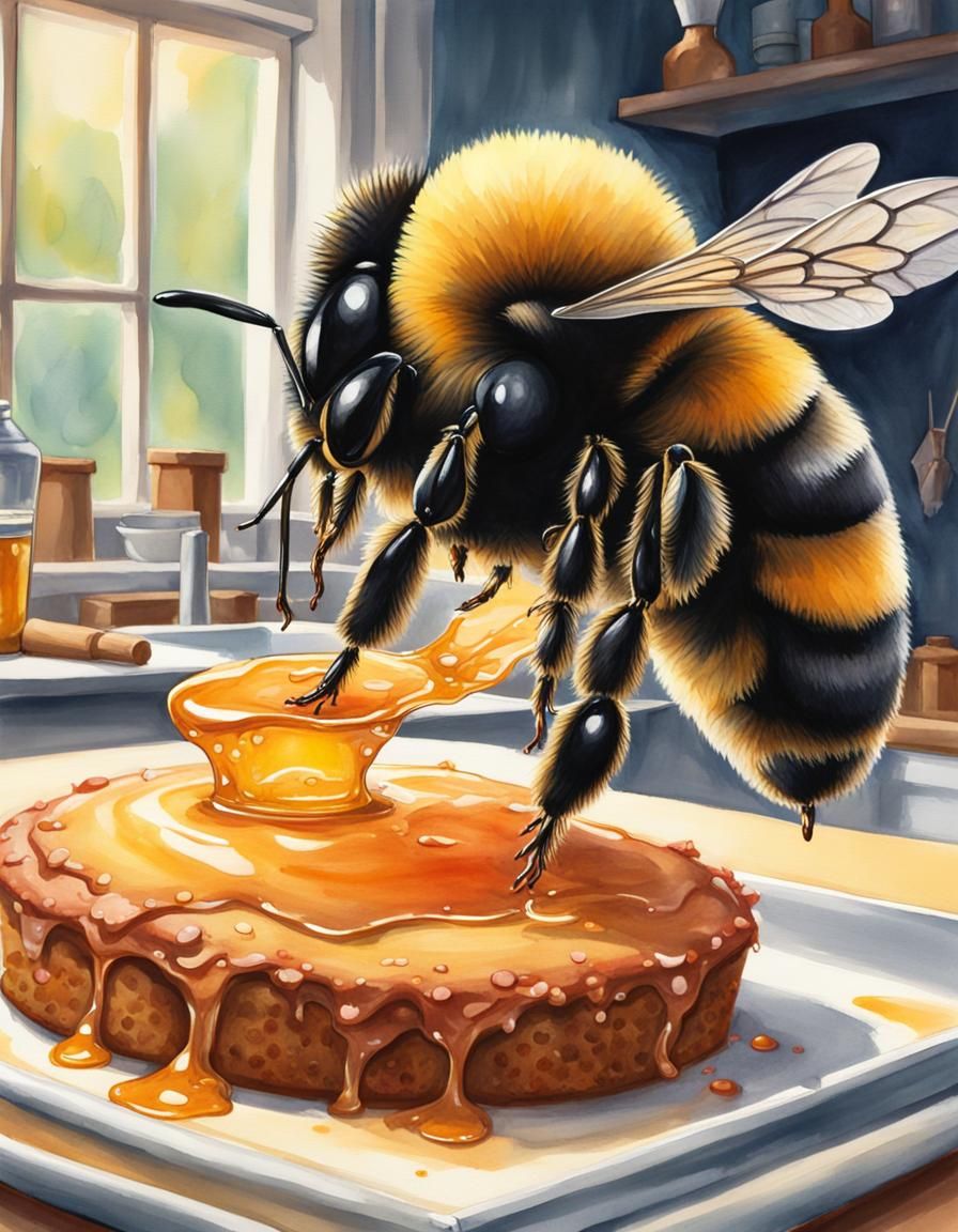 Mrs. Bumblebee Baking Honey Cakes in Watercolor