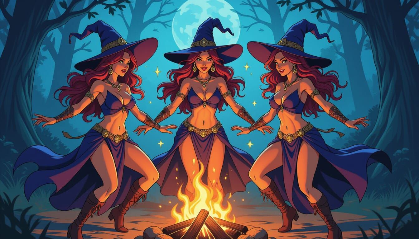 Three Witches Perform Ritual Dance in Comic Book Style