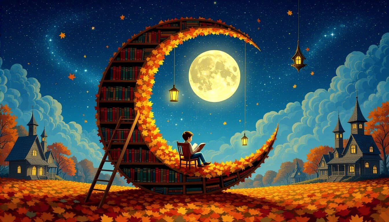 Surreal Autumn Library Scene with Boy Reading
