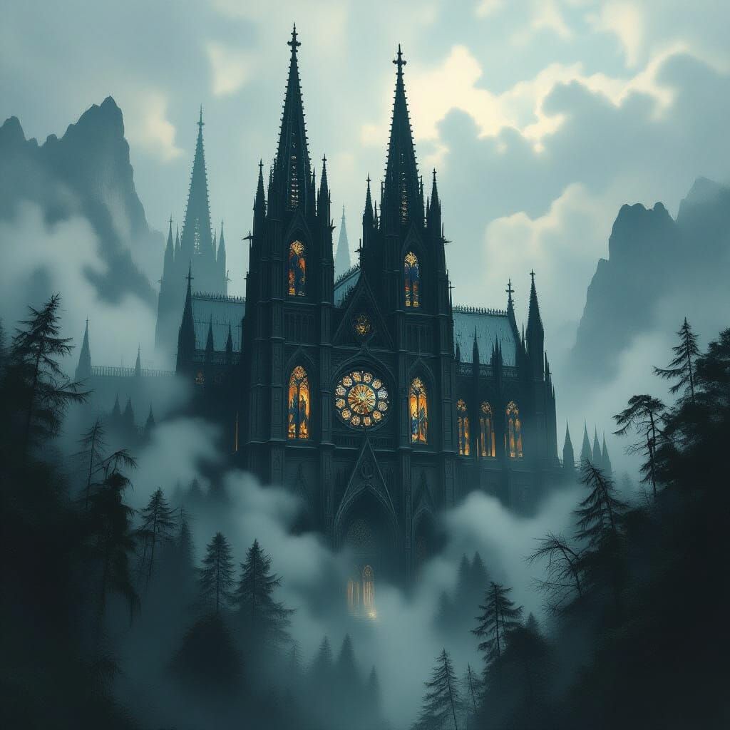 Gothic Cathedral in Mist: A Dark Fantasy Scene