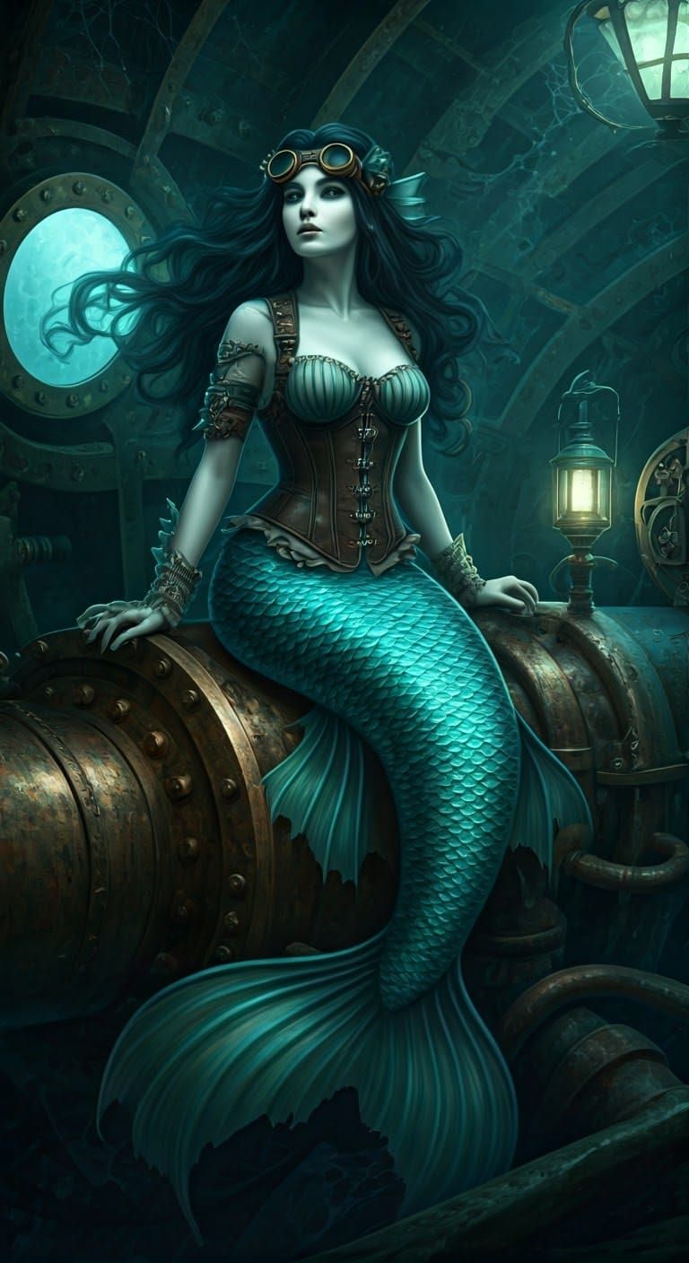 Ethereal Steampunk Mermaid in Gothic Ruins