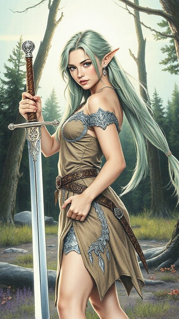 Elven Warrior in Mystical Forest: Pencil Sketch