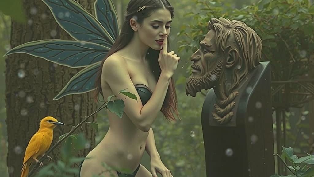 Blond Fairy Woman Beside Wooden Statue in Forest