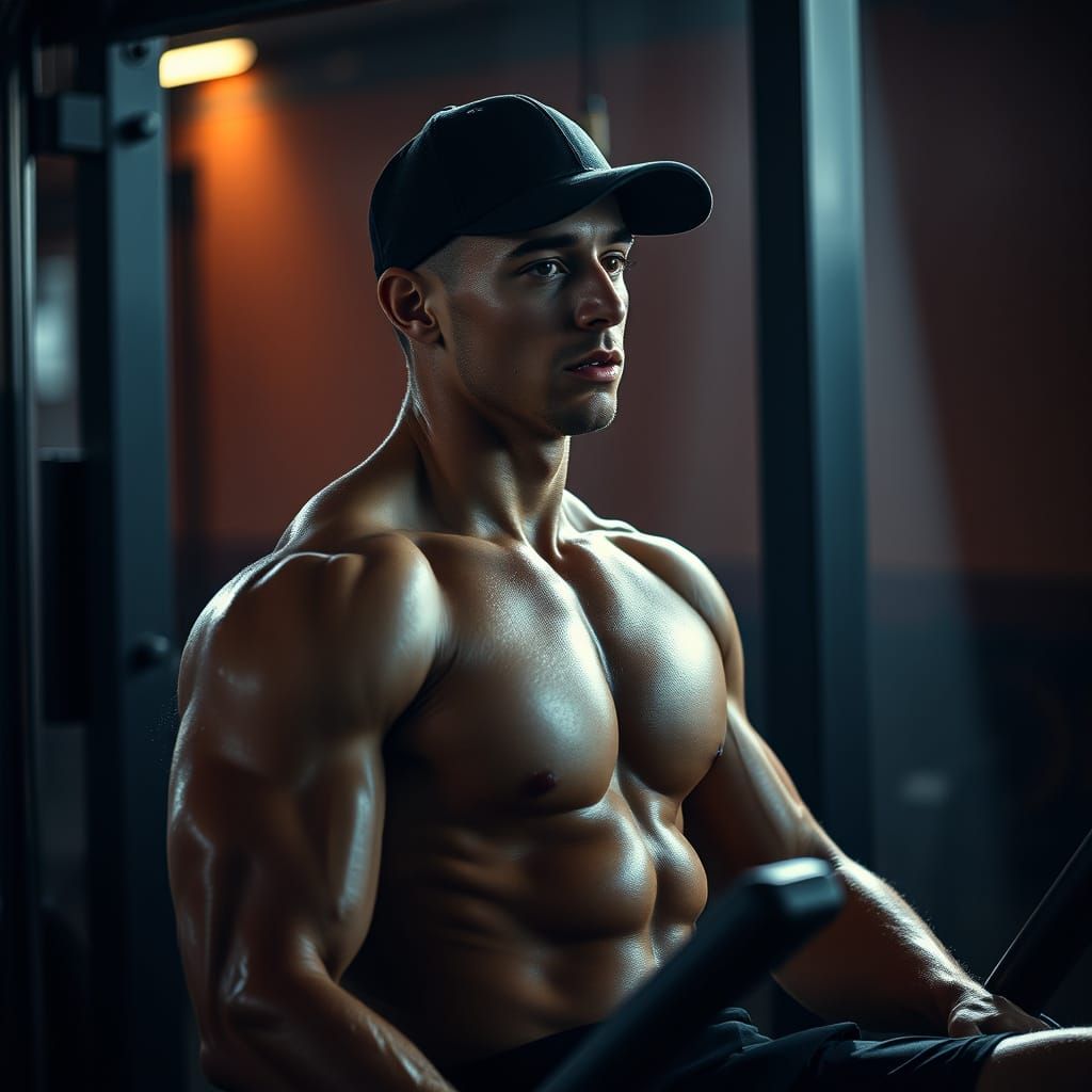 Cinematic Gym Scene: Muscular Man in Low Light