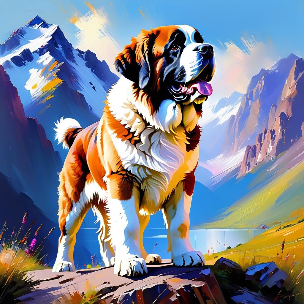 Saint Bernard Dog in Mountain Landscape, Oil Painting