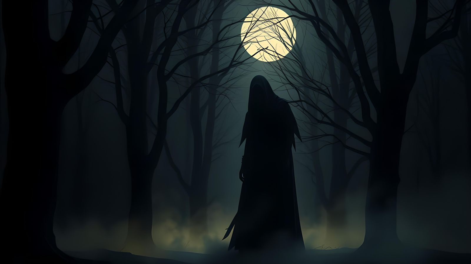 Distorted Shadow Figure in Ominous Moonlit Forest