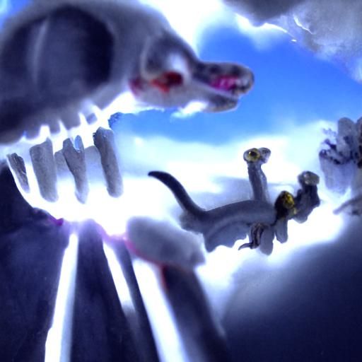 Skeleton Dinosaur Eats Tiny Cats in Divine Light