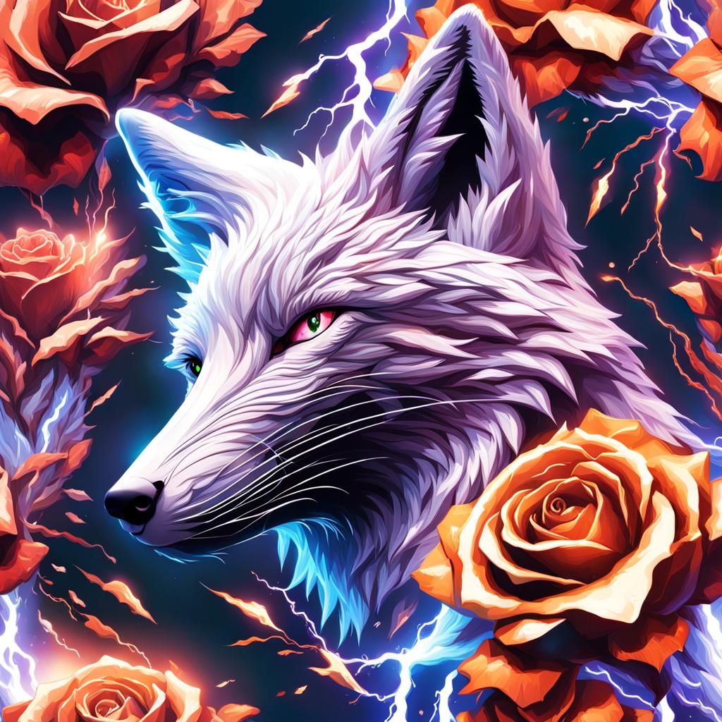 Fox and Rose with Lightning in Hyperrealistic Style