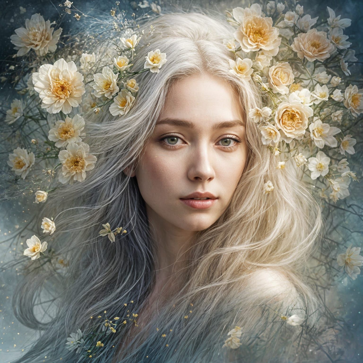 Ethereal Woman Portrait with Floral Double Exposure