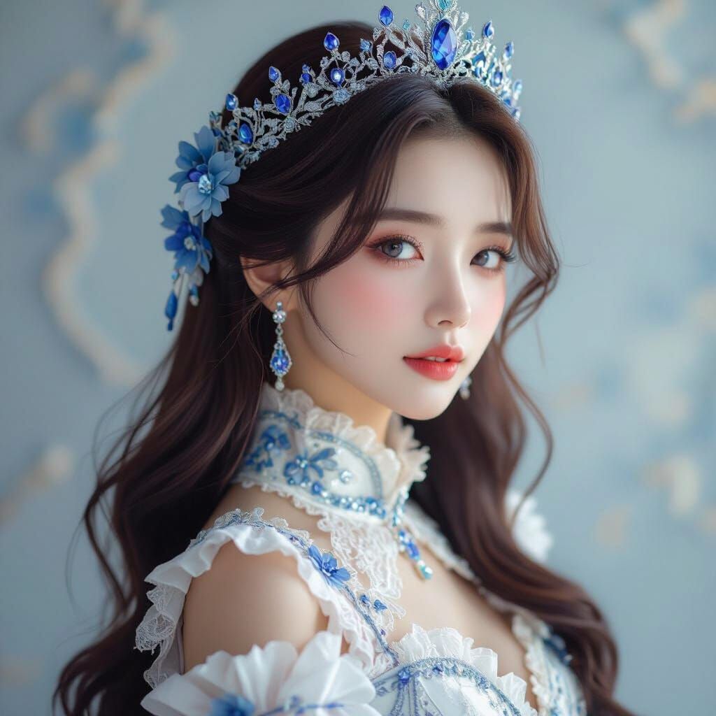 Beautiful Asian Woman with Crystal Crown in Ethereal Style