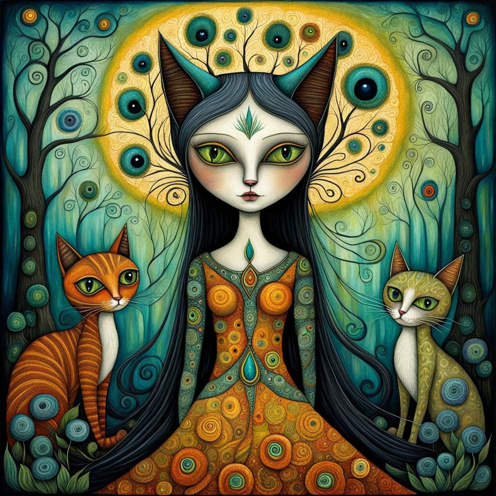 Dreamlike Woman-Cat in Art Brut Style