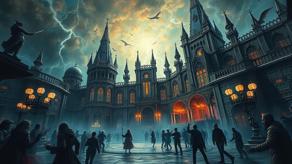 Sorceress Rave Party in Gothic Palace, Impasto Painting