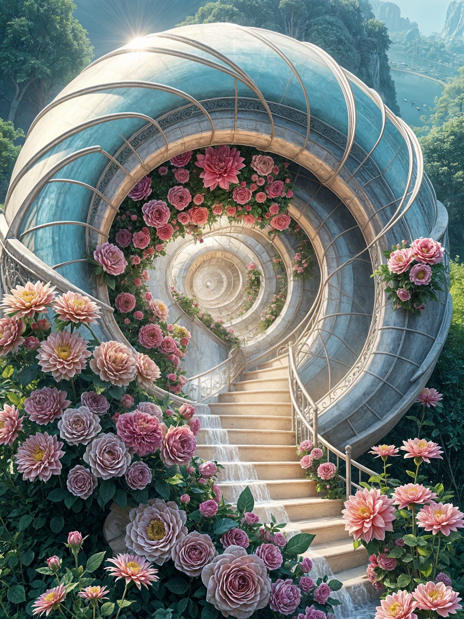 Surreal Snail Shell Building with Roses and Dahlias