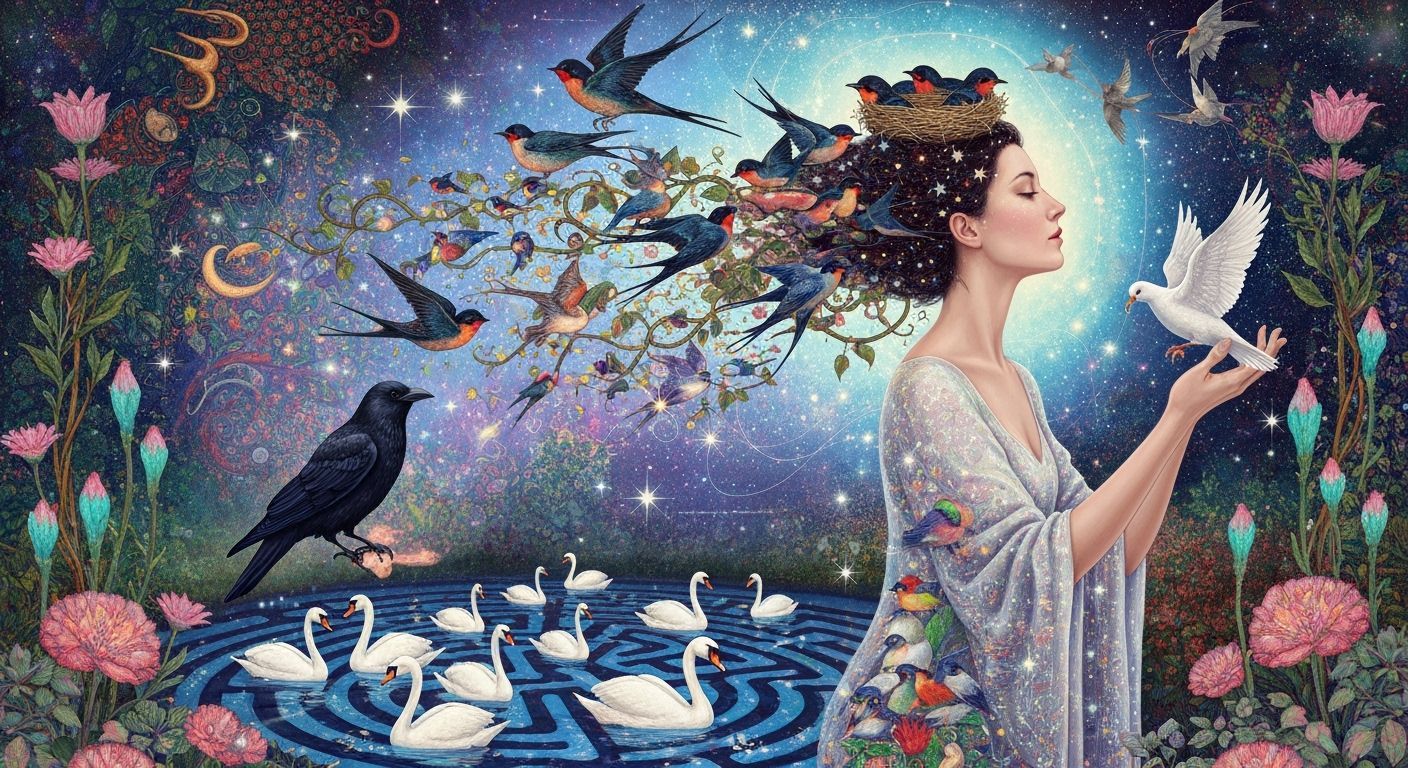 Ethereal Woman Merging with Birds in Cosmic Energy