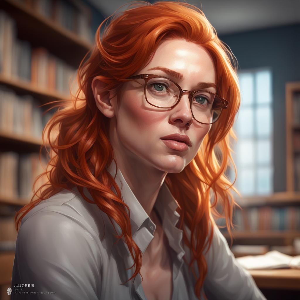Red-Haired Librarian Portrait in Art Nouveau Style