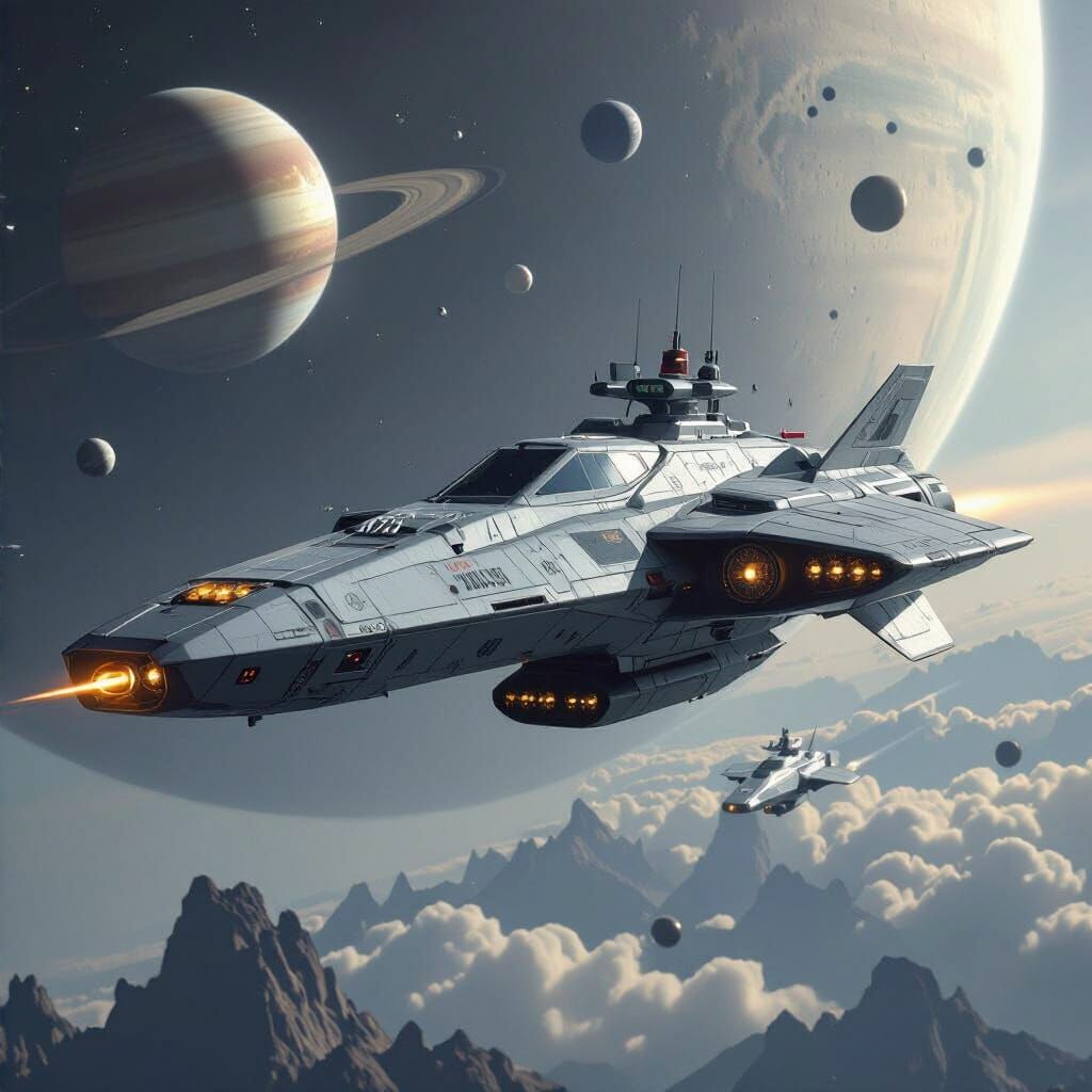 Futuristic Corvette-Class Frigate over Callisto in CGI Style