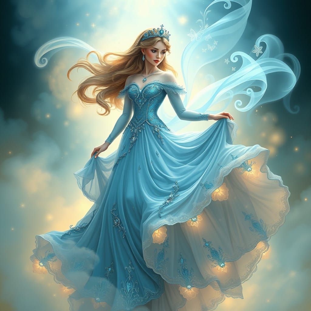 Art Nouveau Princess in Flowing Jeweled Gown