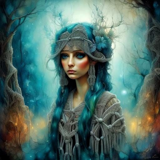 Macrame Forest with Fairies in Alcohol Ink Style