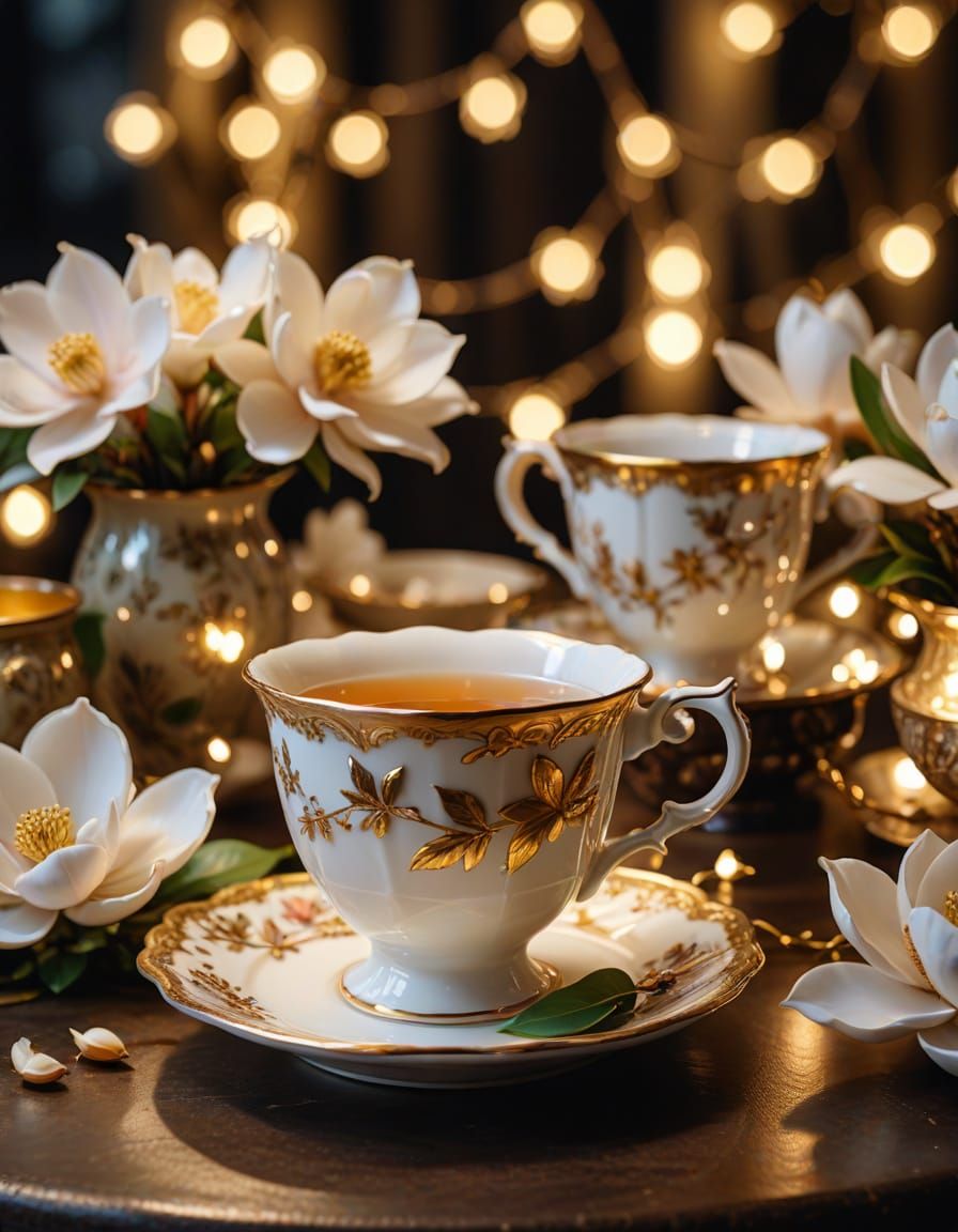 Rococo Porcelain Tea Cup with Magnolias