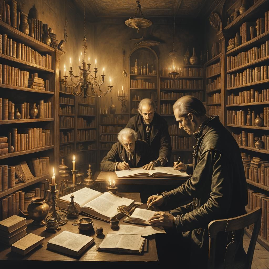 Baroque Alchemists in Surreal Candlelit Study