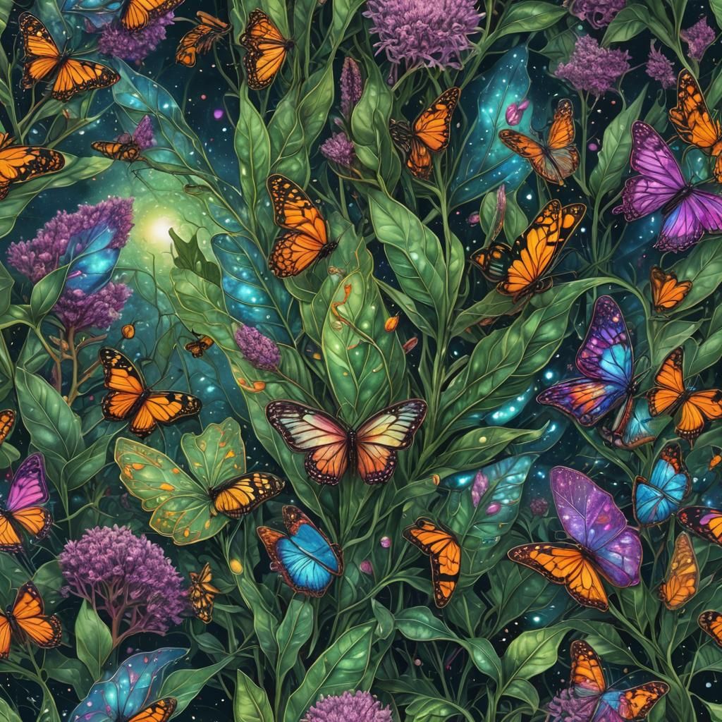 Cosmic Caterpillars Feast: Holographic Astral Illustration