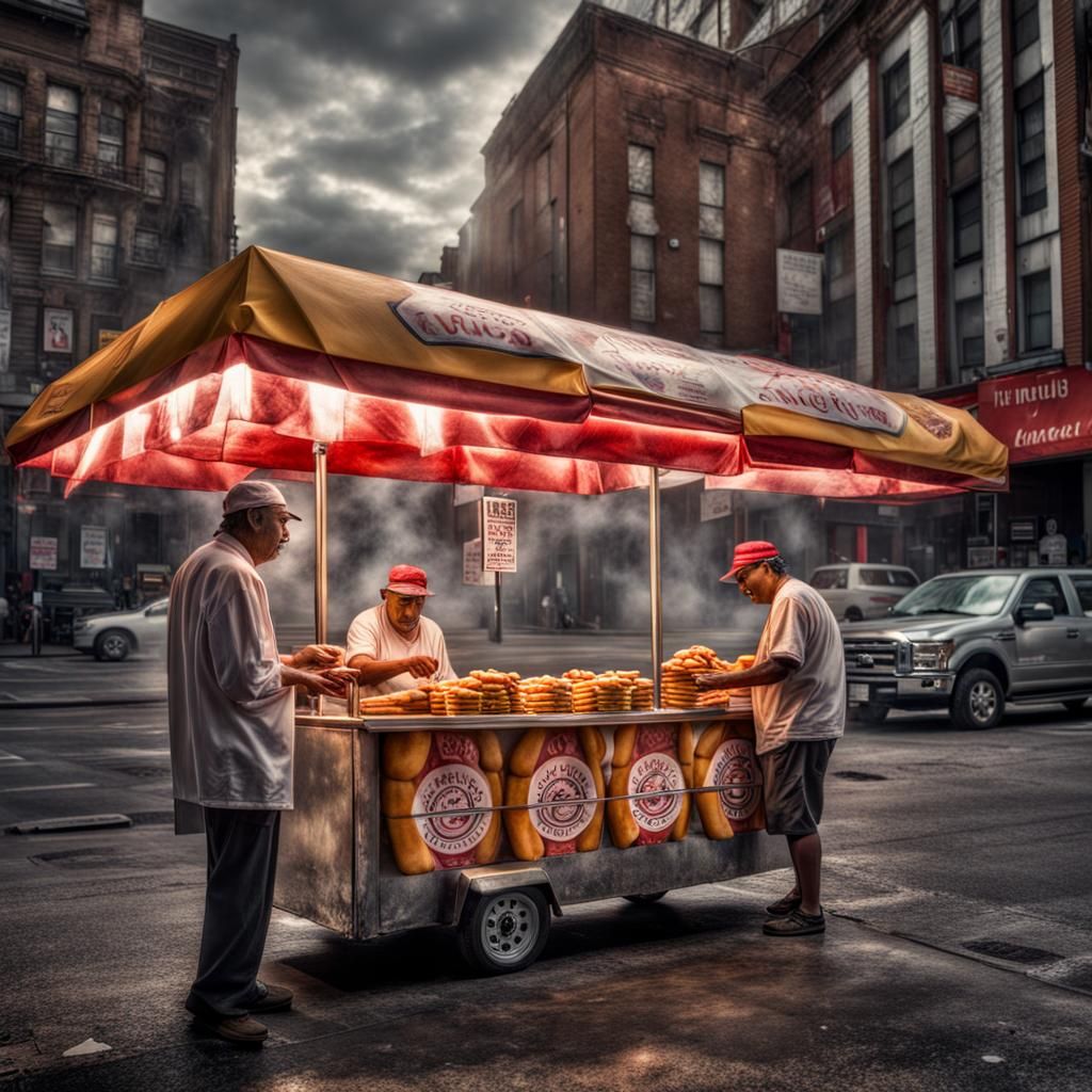 Hyperrealistic Hot Dog Vendor Serving Angels
