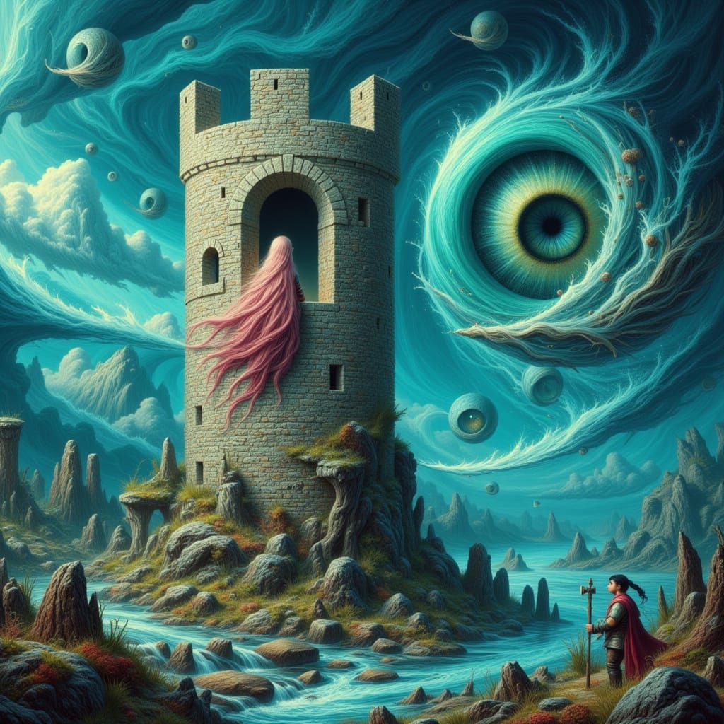 Surreal Teal Aquarelle Fantasy: Girl in Tower