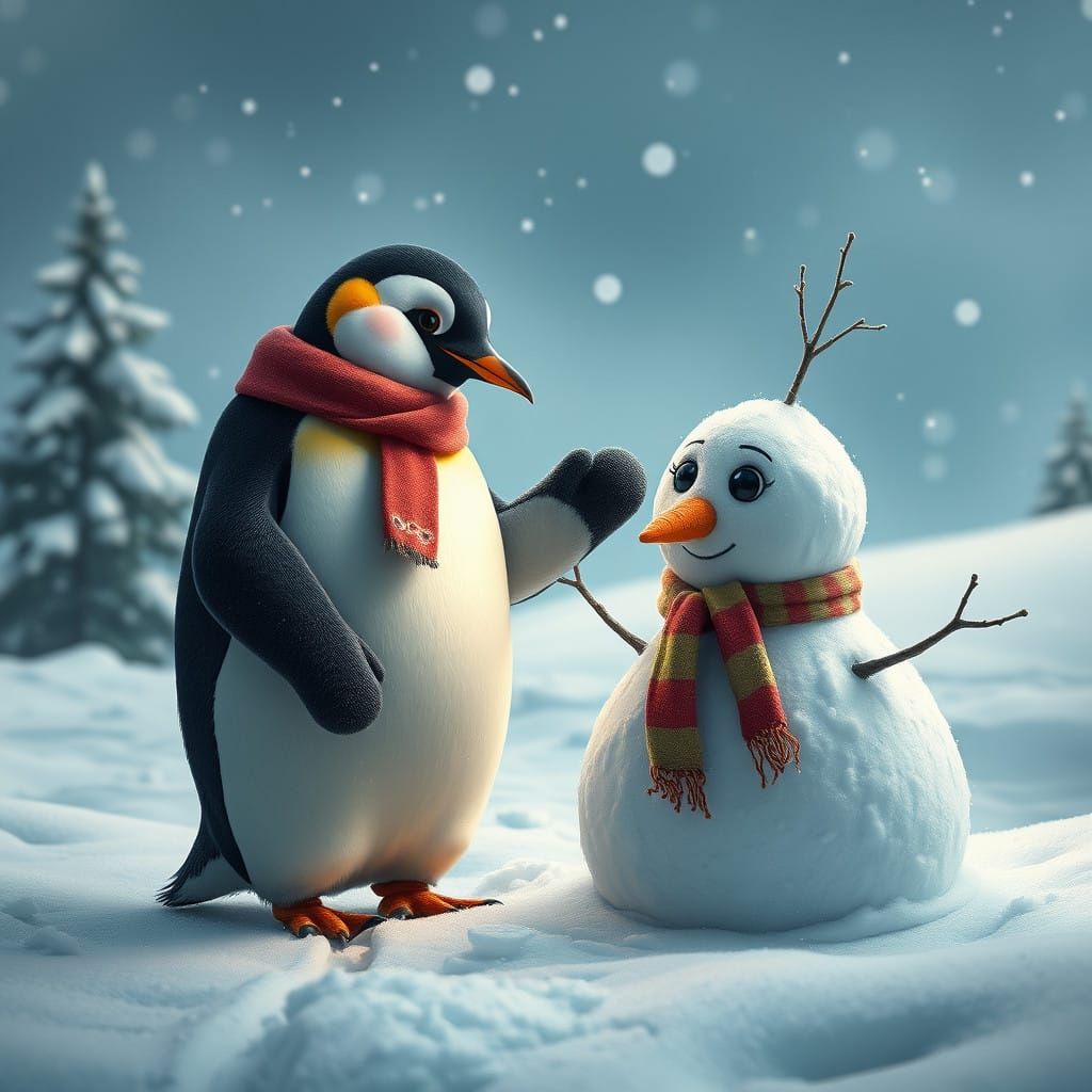 Surreal Penguin Helps Snowman in Fantastical Winter Wonderla...