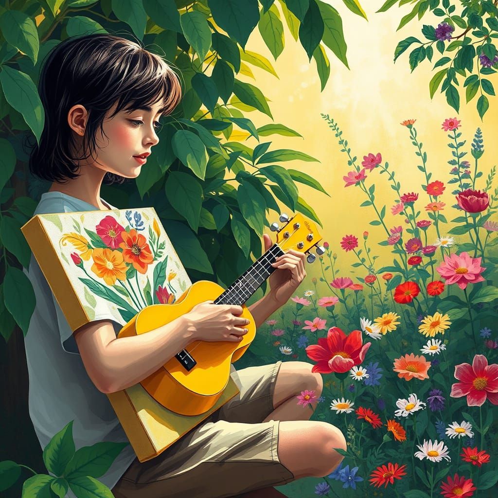 Vibrant Young Artist in Lush Garden Scene
