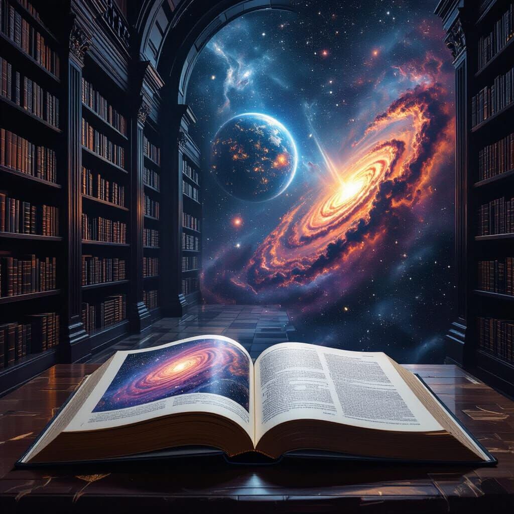 Cosmic Library with Galaxy Pages in Surreal Digital Art Styl...
