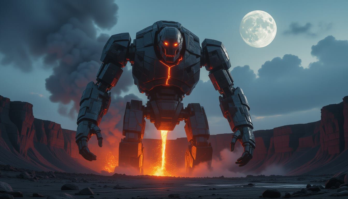 Colossal Obsidian Automaton Emerges from Volcanic Caldera