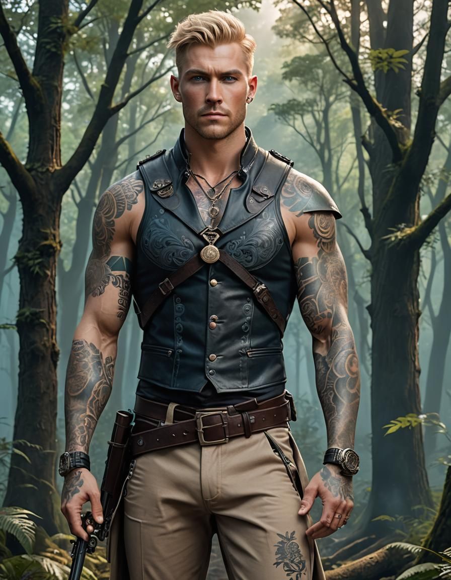 Tattooed Mercenary in Ominous Forest, Dark Fantasy Art