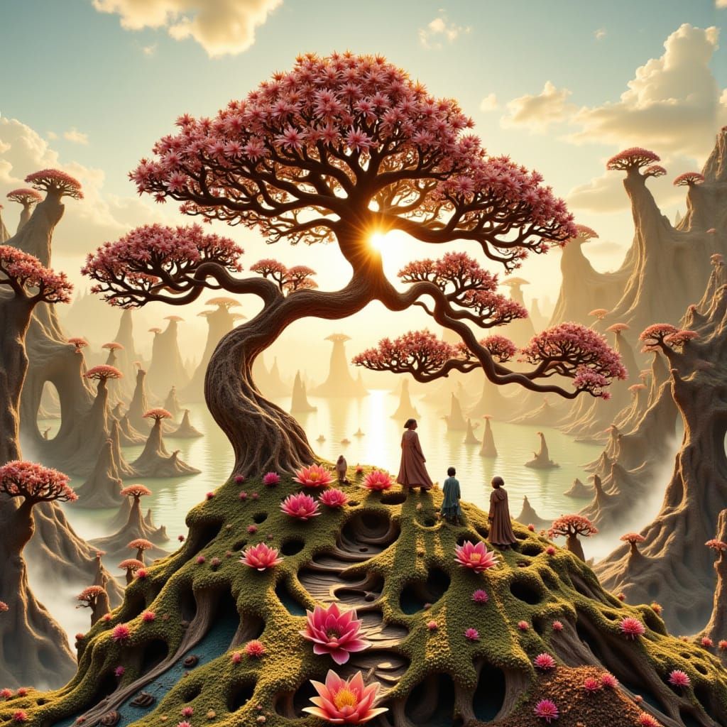 Surreal Sunset Masterpiece: Ancient Bonsai Tree and Eco-Vill...