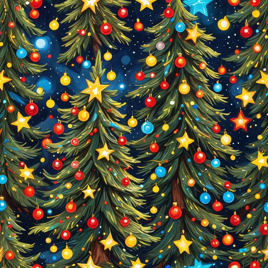 Abstract Expressionist Cartoon Christmas Tree with Neon Trun...