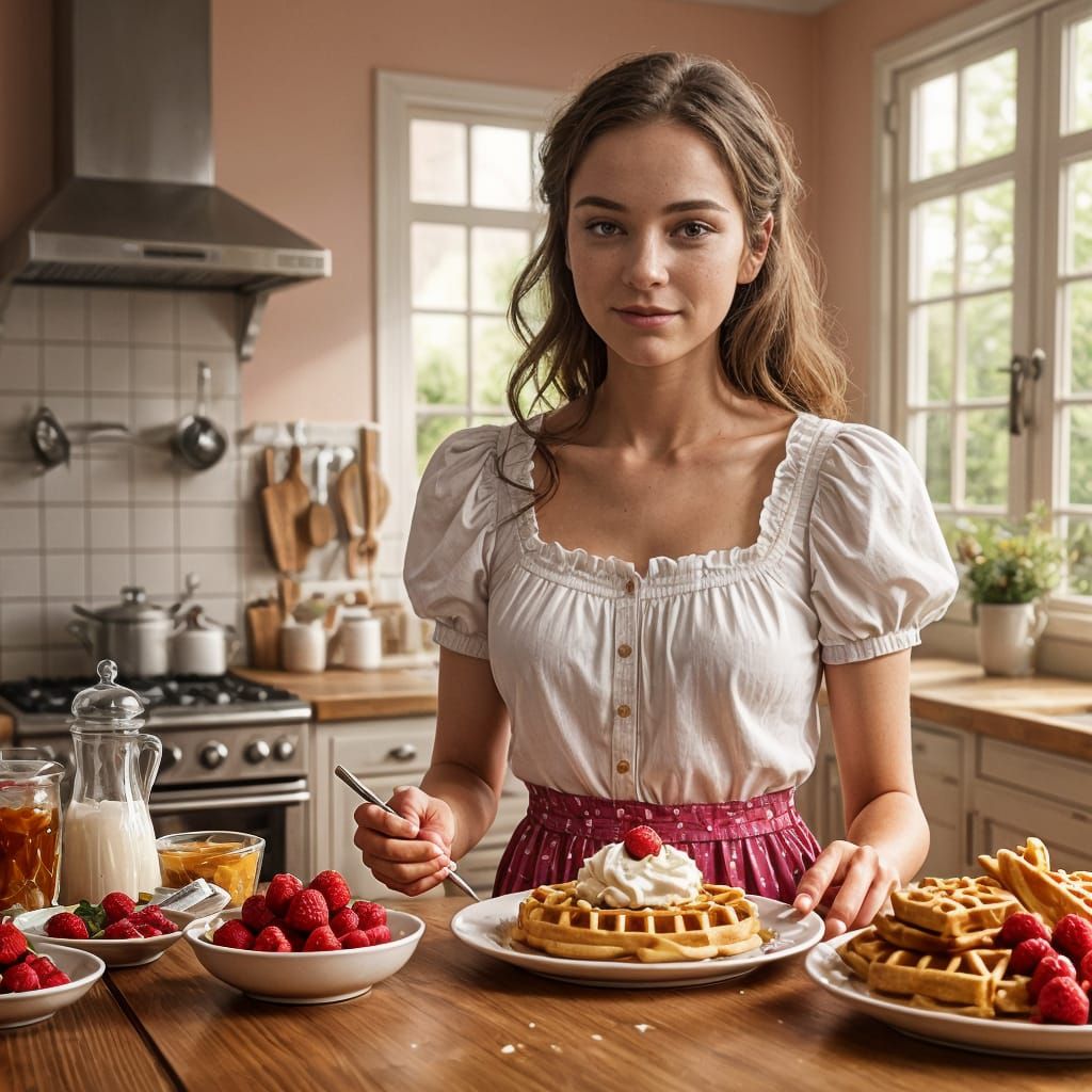 Happy Tradwife Making Waffles: Hyperrealistic Splash Art